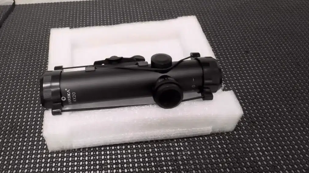 A Barska 4x20 rifle scope, designed for a carry handle mount